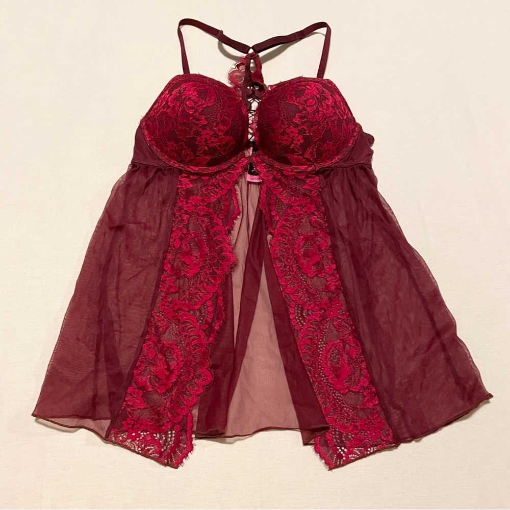 La Senza Burgundy Lace & Mesh Flyaway Babydoll Size M